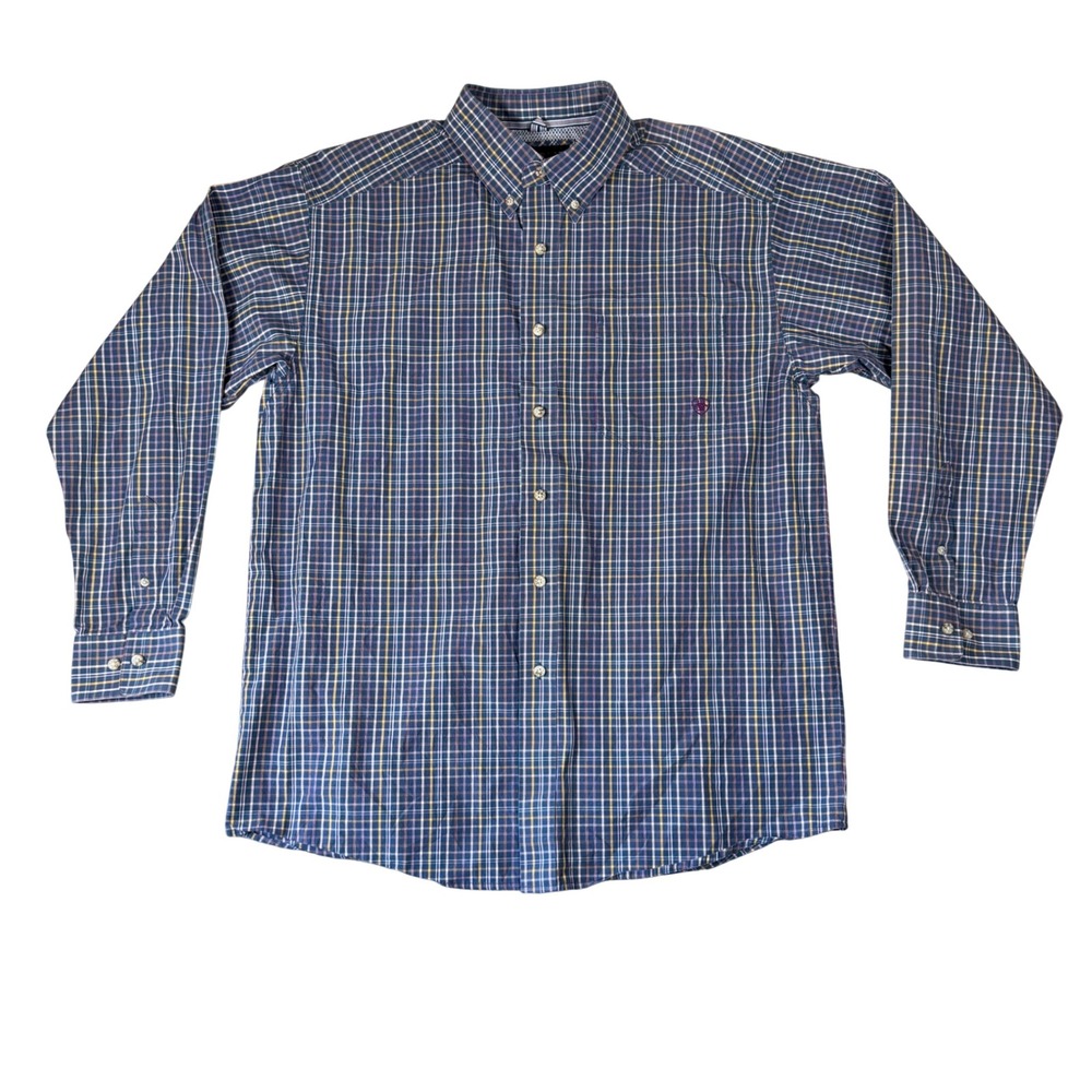 Ariat Pro Series Mens Large Blue Plaid Long Sleeve Button Down Shirt Mesh Yoke